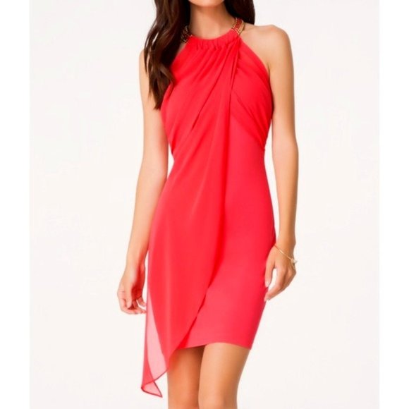 bebe Dresses & Skirts - Bebe Hot Pink chiffon chain link Halter cocktail Dress Chain Link Neck small